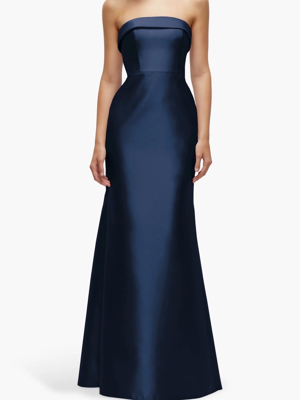 ALFRED SUNG Strapless Midnight Blue Satin Gown